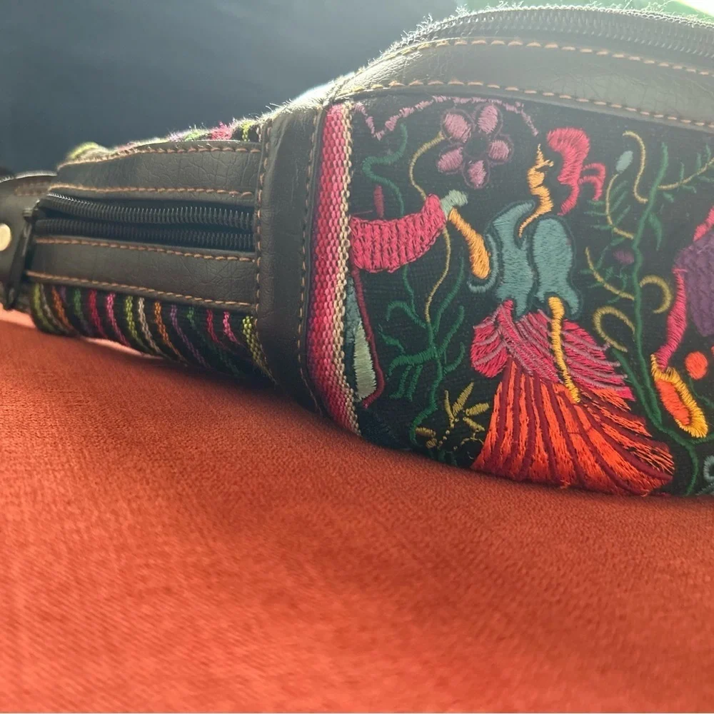 Red and Pink Embroidered Crossbody Bag with Folk Art Design